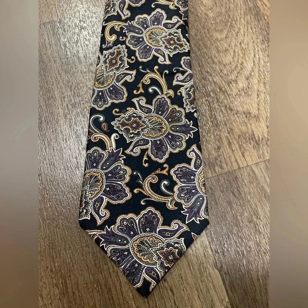 Pierre Balmain Men’s Paisley Floral Print 100% Silk Tie Black Gray Beige